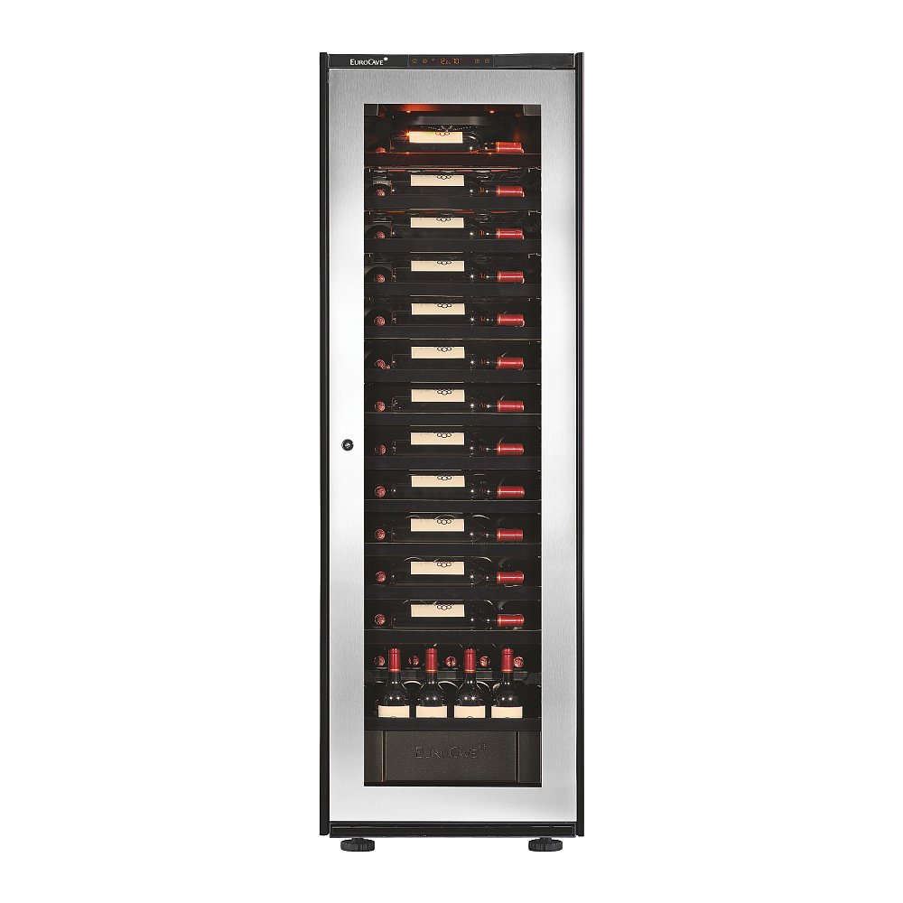 Винный шкаф Euroсave V-INSP-L Стеклянная дверь Inox,  Полки - черный глянец Для презентации