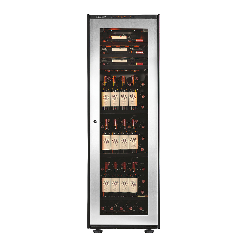 Винный шкаф Euroсave V-INSP-L Стеклянная дверь Inox, Полки - черный глянец. Минимальная